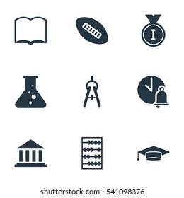 Set Of 9 Editable Science Icons. Includes Symbols Such As Book, School Bell, Oval Ball And More. Can Be Used For Web, Mobile, UI And Infographic Design.