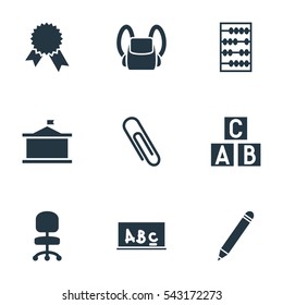 Set Of 9 Editable Science Icons. Includes Symbols Such As Univercity, Schoolbag, Alphabet Cube And More. Can Be Used For Web, Mobile, UI And Infographic Design.