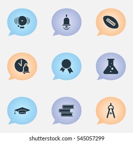 Set Of 9 Editable Science Icons. Includes Symbols Such As School Bell, Chemistry, Oval Ball And More. Can Be Used For Web, Mobile, UI And Infographic Design.