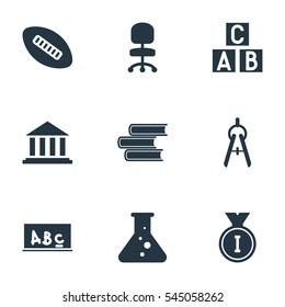 Set Of 9 Editable Science Icons. Includes Symbols Such As Alphabet Cube, Oval Ball, First Place And More. Can Be Used For Web, Mobile, UI And Infographic Design.