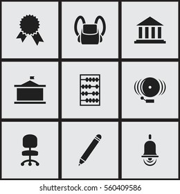 Set Of 9 Editable Science Icons. Includes Symbols Such As Schoolbag, Alarm Bell, Univercity And More. Can Be Used For Web, Mobile, UI And Infographic Design.