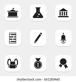 Set Of 9 Editable Science Icons. Includes Symbols Such As Chemistry, Univercity, Victory Medallion And More. Can Be Used For Web, Mobile, UI And Infographic Design.