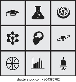 Set Of 9 Editable Science Icons. Includes Symbols Such As Alarm Bell, Chemistry, Graph And More. Can Be Used For Web, Mobile, UI And Infographic Design.