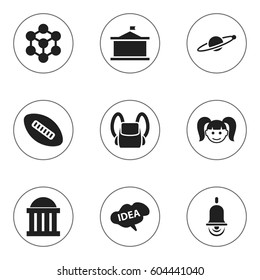 Set Of 9 Editable Science Icons. Includes Symbols Such As Univercity, Schoolbag, Alarm Bell And More. Can Be Used For Web, Mobile, UI And Infographic Design.