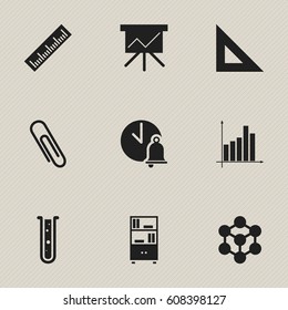 Set Of 9 Editable Science Icons. Includes Symbols Such As Graph, Molecule, School Bell And More. Can Be Used For Web, Mobile, UI And Infographic Design.