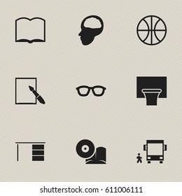 Set Of 9 Editable Science Icons. Includes Symbols Such As Cerebrum, Notepaper, Omnibus With Child And More. Can Be Used For Web, Mobile, UI And Infographic Design.