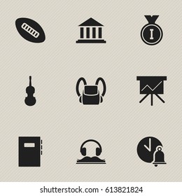 Set Of 9 Editable Science Icons. Includes Symbols Such As Oval Ball, Fiddle, School Bell And More. Can Be Used For Web, Mobile, UI And Infographic Design.
