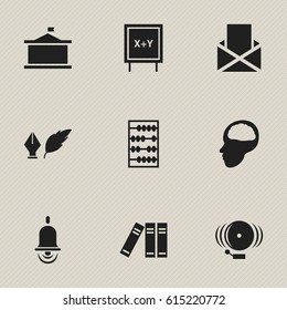 Set Of 9 Editable Science Icons. Includes Symbols Such As Cerebrum, Bookshelf, Univercity And More. Can Be Used For Web, Mobile, UI And Infographic Design.
