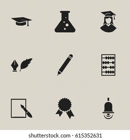 Set Of 9 Editable Science Icons. Includes Symbols Such As Graduation Hat, Pencil, Graduated Female And More. Can Be Used For Web, Mobile, UI And Infographic Design.