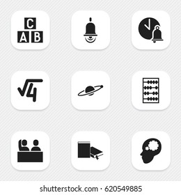Set Of 9 Editable Science Icons. Includes Symbols Such As Astrology, Alarm Bell, Math Root And More. Can Be Used For Web, Mobile, UI And Infographic Design.
