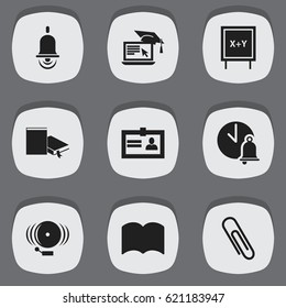 Set Of 9 Editable Science Icons. Includes Symbols Such As Bookmark, Blackboard, Staple And More. Can Be Used For Web, Mobile, UI And Infographic Design.