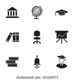 Set Of 9 Editable Science Icons. Includes Symbols Such As Alarm Bell, Museum, Chart Board And More. Can Be Used For Web, Mobile, UI And Infographic Design.