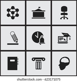 Set Of 9 Editable Science Icons. Includes Symbols Such As Writing, Univercity, Molecule And More. Can Be Used For Web, Mobile, UI And Infographic Design.