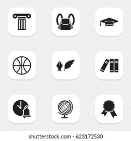 Set Of 9 Editable Science Icons. Includes Symbols Such As Schoolbag, Basket Play, School Bell And More. Can Be Used For Web, Mobile, UI And Infographic Design.