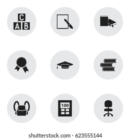 Set Of 9 Editable Science Icons. Includes Symbols Such As Schoolbag, Notepaper, Victory Medallion And More. Can Be Used For Web, Mobile, UI And Infographic Design.