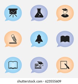 Set Of 9 Editable Science Icons. Includes Symbols Such As Bell, Dictionary, Chemistry And More. Can Be Used For Web, Mobile, UI And Infographic Design.