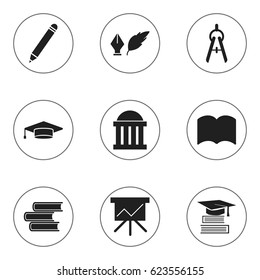 Conjunto De 9 Iconos De Ciencia Editables. Incluye Símbolos Como Graduado, Sala De Justicia, Diccionario Y Más. Se Puede Usar Para Diseño Web, Móvil, UI E Infográfico.
