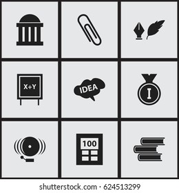 Set Of 9 Editable Science Icons. Includes Symbols Such As First Place, Literature, Courtroom And More. Can Be Used For Web, Mobile, UI And Infographic Design.
