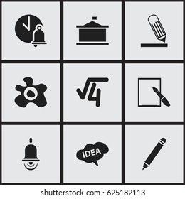 Set Of 9 Editable Science Icons. Includes Symbols Such As Univercity, Pencil, School Bell And More. Can Be Used For Web, Mobile, UI And Infographic Design.