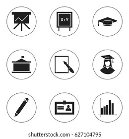 Set Of 9 Editable Science Icons. Includes Symbols Such As Blackboard, Univercity, Graduate And More. Can Be Used For Web, Mobile, UI And Infographic Design.