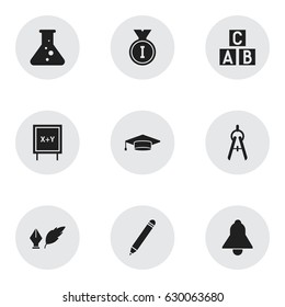 Set Of 9 Editable Science Icons. Includes Symbols Such As Math Tool, Pencil, Alphabet Cube And More. Can Be Used For Web, Mobile, UI And Infographic Design.