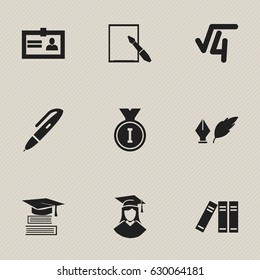 Set Of 9 Editable Science Icons. Includes Symbols Such As Pen, Education, First Place And More. Can Be Used For Web, Mobile, UI And Infographic Design.