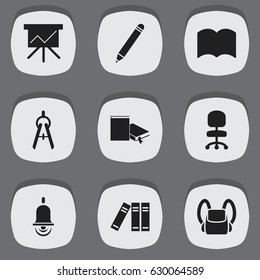 Set Of 9 Editable Science Icons. Includes Symbols Such As Alarm Bell, Math Tool, Bookshelf And More. Can Be Used For Web, Mobile, UI And Infographic Design.