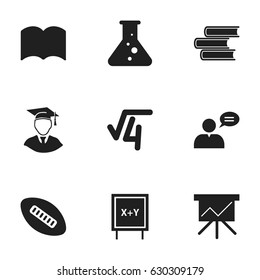 Set Of 9 Editable Science Icons. Includes Symbols Such As Library, Blackboard, Chemistry And More. Can Be Used For Web, Mobile, UI And Infographic Design.