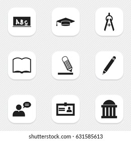 Set Of 9 Editable Science Icons. Includes Symbols Such As Writing, Graduate, School Board And More. Can Be Used For Web, Mobile, UI And Infographic Design.