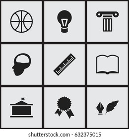Set Of 9 Editable Science Icons. Includes Symbols Such As Victory Medallion, Straightedge, Pillar And More. Can Be Used For Web, Mobile, UI And Infographic Design.