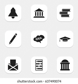 Set Of 9 Editable Science Icons. Includes Symbols Such As Graduate, Courtroom, Library And More. Can Be Used For Web, Mobile, UI And Infographic Design.