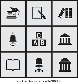 Set Of 9 Editable Science Icons. Includes Symbols Such As Notepaper, Work Seat, Museum And More. Can Be Used For Web, Mobile, UI And Infographic Design.