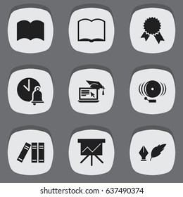 Set Of 9 Editable Science Icons. Includes Symbols Such As Dictionary, Book, School Bell And More. Can Be Used For Web, Mobile, UI And Infographic Design.