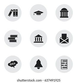 Set Of 9 Editable Science Icons. Includes Symbols Such As Bookshelf, Mind, Arithmetic And More. Can Be Used For Web, Mobile, UI And Infographic Design.