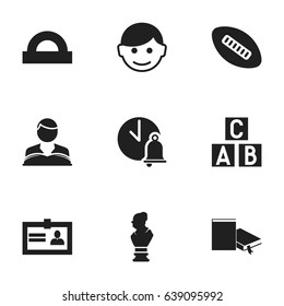 Set Of 9 Editable Science Icons. Includes Symbols Such As Certification, Studying Boy, School Bell And More. Can Be Used For Web, Mobile, UI And Infographic Design.