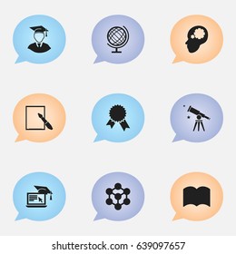 Set Of 9 Editable Science Icons. Includes Symbols Such As Notepaper, Earth Planet, Diplomaed Male And More. Can Be Used For Web, Mobile, UI And Infographic Design.