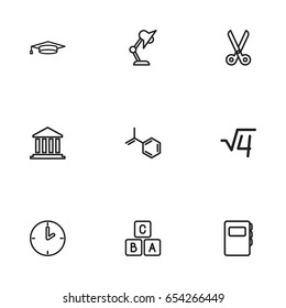 Set Of 9 Editable Science Icons. Includes Symbols Such As Chemical, Cutter, Academic Hat And More. Can Be Used For Web, Mobile, UI And Infographic Design.