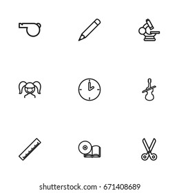 Set Of 9 Editable Science Icons. Includes Symbols Such As Eyepiece, Schoolgirl, Cutter And More. Can Be Used For Web, Mobile, UI And Infographic Design.
