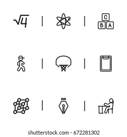 Set Of 9 Editable Science Icons. Includes Symbols Such As A B C, Inkpen, Basketball And More. Can Be Used For Web, Mobile, UI And Infographic Design.
