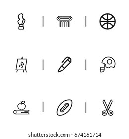 Set Of 9 Editable Science Icons. Includes Symbols Such As Sport, Helm, Cutter And More. Can Be Used For Web, Mobile, UI And Infographic Design.