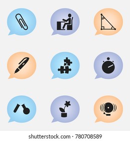 Set of 9 editable science icons. Includes symbols such as jigsaw, ring, triangle and more. Can be used for web, mobile, UI and infographic design.