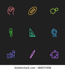 Set Of 9 Editable Science Outline Icons. Includes Symbols Such As Puzzle, Gear, Student And More. Can Be Used For Web, Mobile, UI And Infographic Design.
