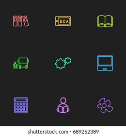 Set Of 9 Editable Science Outline Icons. Includes Symbols Such As Food, Calculate, Teaching And More. Can Be Used For Web, Mobile, UI And Infographic Design.