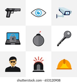 Set Of 9 Editable Security Icons. Includes Symbols Such As Hardhat, Look, Alarm And More. Can Be Used For Web, Mobile, UI And Infographic Design.