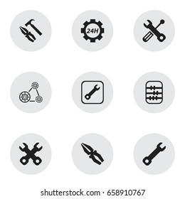 Set Of 9 Editable Service Icons. Includes Symbols Such As Arithmetic, Wrench, Reconstruction And More. Can Be Used For Web, Mobile, UI And Infographic Design.
