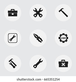 Set Of 9 Editable Service Icons. Includes Symbols Such As Handle Hit, Wrench Hammer, Support Center. Can Be Used For Web, Mobile, UI And Infographic Design.