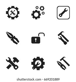 Set Of 9 Editable Service Icons. Includes Symbols Such As Fix Tool, Pliers Hammer, Opened Padlock And More. Can Be Used For Web, Mobile, UI And Infographic Design.