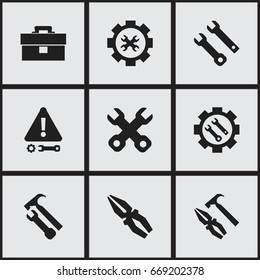 Set Of 9 Editable Service Icons. Includes Symbols Such As Caution, Wrench Hammer, Options And More. Can Be Used For Web, Mobile, UI And Infographic Design.