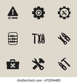 Set Of 9 Editable Service Icons. Includes Symbols Such As Caution, Arithmetic, Settings And More. Can Be Used For Web, Mobile, UI And Infographic Design.