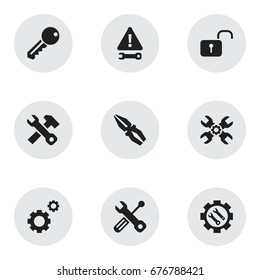 Set Of 9 Editable Service Icons. Includes Symbols Such As Access, Opened Padlock, Settings And More. Can Be Used For Web, Mobile, UI And Infographic Design.